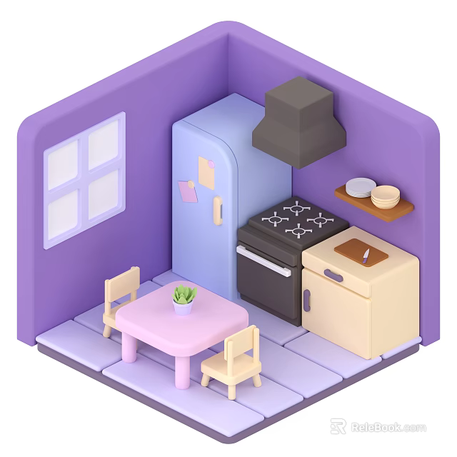 Cozy Kitchen Scene With Purple Walls Refrigerator Stove Small Table Chairs And Window 3d model 