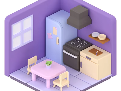 Cozy Kitchen Scene With Purple Walls Refrigerator Stove Small Table Chairs And Window 3d model