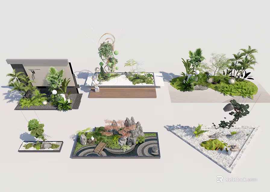 Various Small Garden Landscape Designs With Rocks Plants Water Features And Wooden Platforms 3d model 