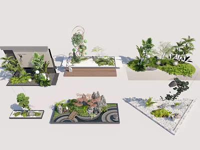 Various Small Garden Landscape Designs With Rocks Plants Water Features And Wooden Platforms 3d model