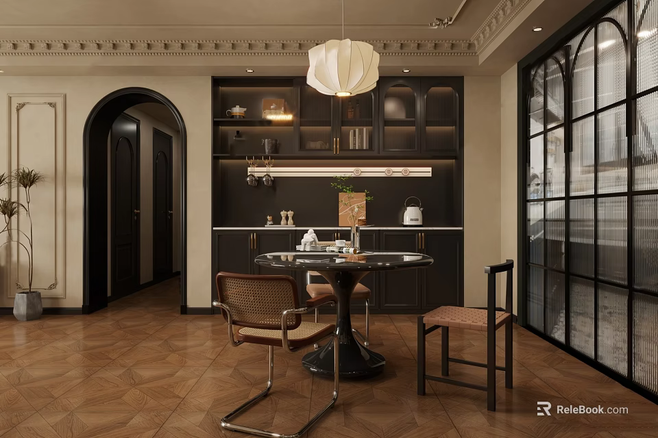 Elegant Classic Dining Room Interior With Round Table Woven Chairs And Pendant Light 3d model 