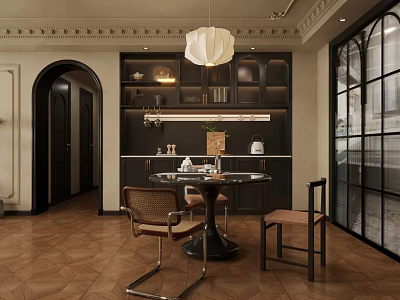 Elegant Classic Dining Room Interior With Round Table Woven Chairs And Pendant Light 3d model