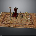 Traditional Patterned Red And Gold Rug With Small Chair Candle Holder And Decorative Vases