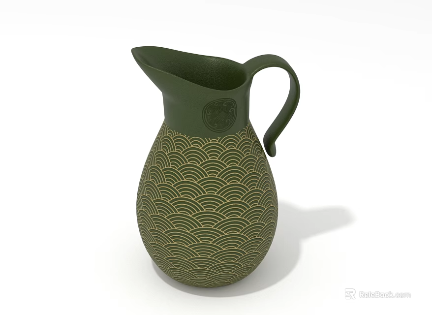 Green Ceramic Pitcher with Scallop Wave Pattern and Curved Handle for Home Decor 3d model 