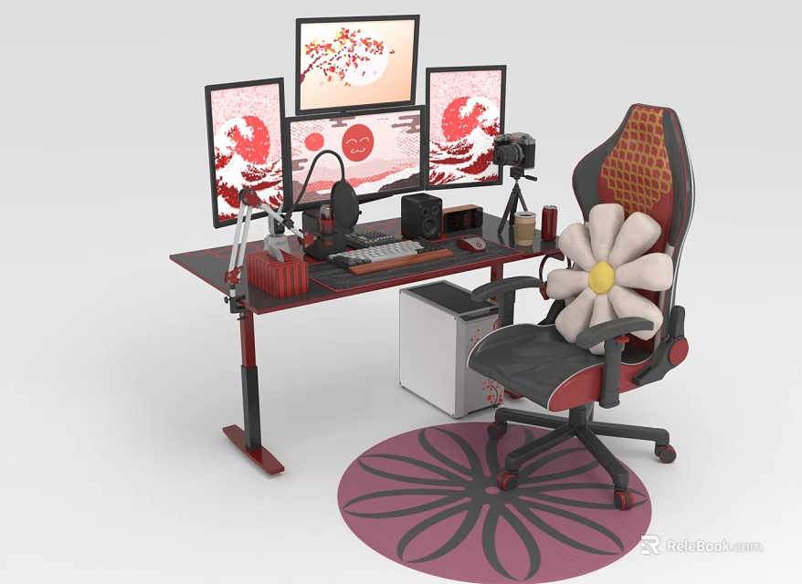 Gaming Work Desk Setup With Three Red Pattern Monitors Microphone Camera Chair And Floral Rug 3d model