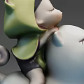 Adorable Child Riding Blue Cat Figurine With Green Hooded Outfit Decorative Toy