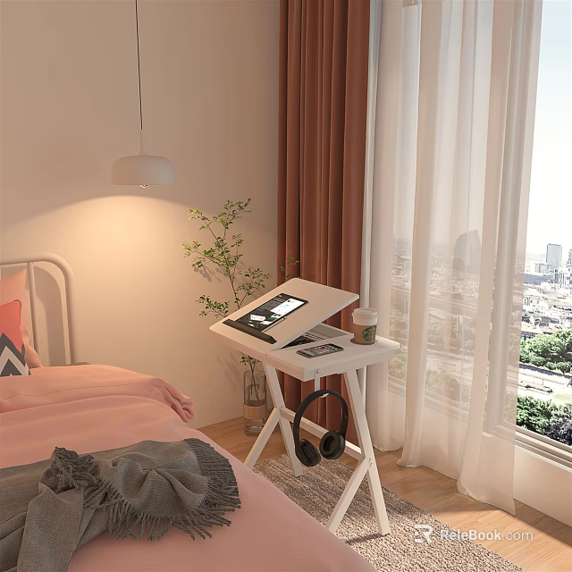 Cozy White Desk With Tablet Coffee Cup Headphones Green Plant Near Window City View 3d model 