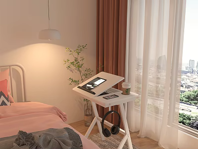 Cozy White Desk With Tablet Coffee Cup Headphones Green Plant Near Window City View 3d model