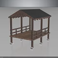 Wooden Pavilion Structure With Blue Roof Railings And Stone Pillar Bases