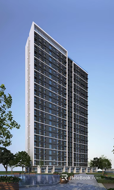 High Rise Modern Residential Building with Many Windows Trees Nearby and Blue Sky Background 3d model 