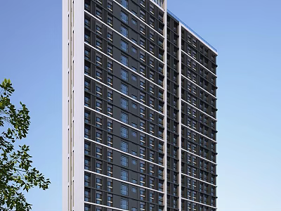 High Rise Modern Residential Building with Many Windows Trees Nearby and Blue Sky Background 3d model