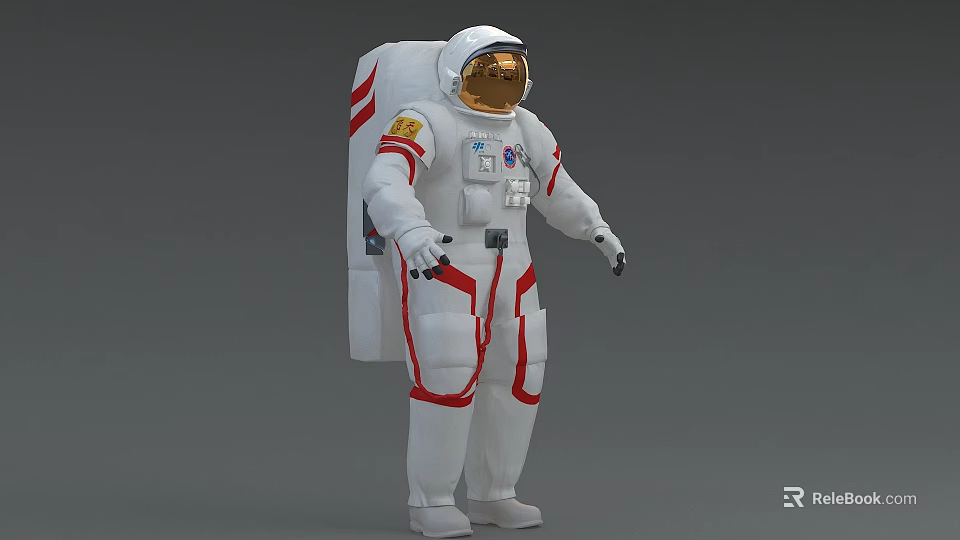 Man In White Spacesuit With Red Stripes Gold Helmet Visor Backpack And Badges 3d model 