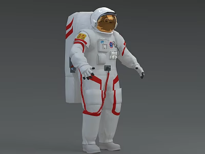 Man In White Spacesuit With Red Stripes Gold Helmet Visor Backpack And Badges 3d model