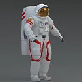 Man In White Spacesuit With Red Stripes Gold Helmet Visor Backpack And Badges