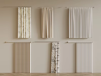 Various Stylish Curtains With Different Patterns And Fabric Textures Hanging On Rods 3d model