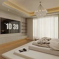 Modern Luxury Apartment Bedroom With Large Bed Chandelier Beige Artworks And Wooden Flooring