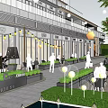 Modern Commercial Street With Glass Storefronts Pedestrians Round Landscape Lights And Lush Greenery