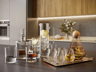 Modern Kitchen Displaying A Collection Of Wine Glasses And Decanters 3d model