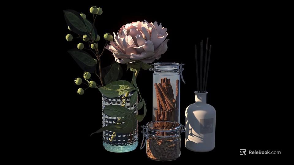 Pink Peony Flower In Glass Vase With Green Leaves And Berries 3d model 