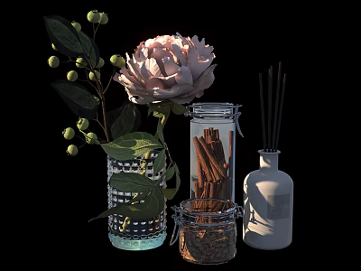 Pink Peony Flower In Glass Vase With Green Leaves And Berries 3d model