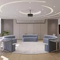 Elegant Conference Room Interior Featuring Circular Ceiling Lighting Projection Screen Curved Sofas And Large Windows 3d model