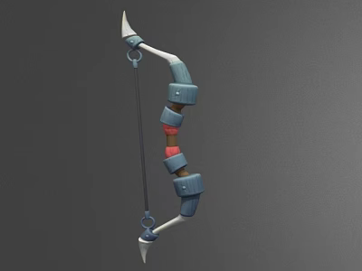 Fantasy Bow Weapon Design With Blue Red Decorative Parts And String 3d model