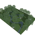 Park Landscape With Winding Pathway Lush Trees Green Grass And Meandering Stream