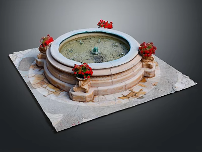 Vibrant red flowers decorating circular stone fountain on stone slab platform 3d model