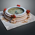 Vibrant red flowers decorating circular stone fountain on stone slab platform