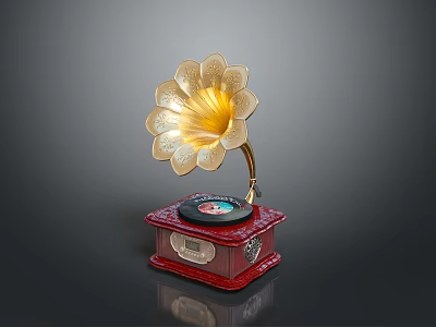 Vintage Gramophone With Red Base Golden Flower Shaped Horn And Black Record 3d model