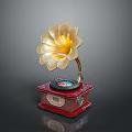 Vintage Gramophone With Red Base Golden Flower Shaped Horn And Black Record