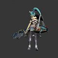 Game and Movie Character with Turquoise Hair Wielding Ornate Giant Sword in Elaborate Fantasy Outfit