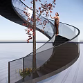 Scenic Spiral Staircase With Central Red Leaf Tree And Open View Area 3d model