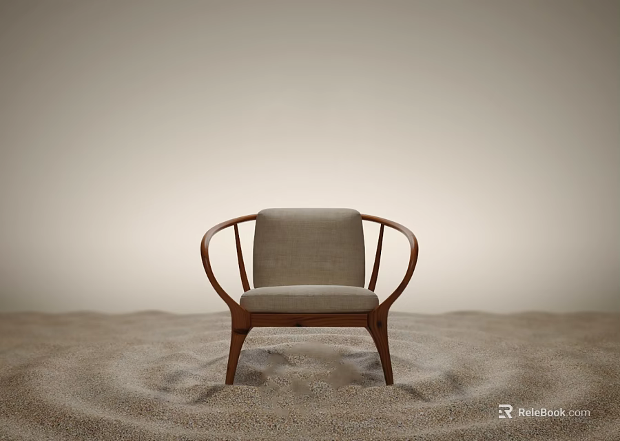 Elegant Wooden Armchair With Curved Armrests And Gray Cushion On Sandy Ground 3d model 