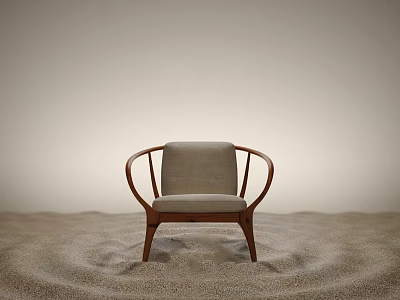 Elegant Wooden Armchair With Curved Armrests And Gray Cushion On Sandy Ground 3d model