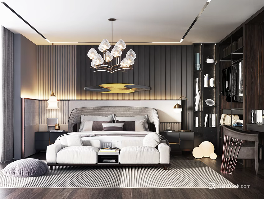 Modern Elegant Bedroom Interior With Stylish Chandelier Wooden Panel Walls Bed And Nightstands 3d model 