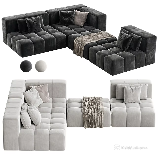 Comfortable Modular Sectional Sofa with Plush Cushions Throw Blanket and Light Dark Gray Tones 3d model 