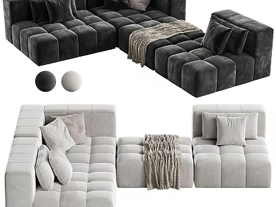 Comfortable Modular Sectional Sofa with Plush Cushions Throw Blanket and Light Dark Gray Tones 3d model