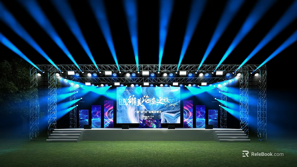 Outdoor Stage Setup With Blue Lighting Truss Framework Large Screen And Steps On Grass Field 3d model