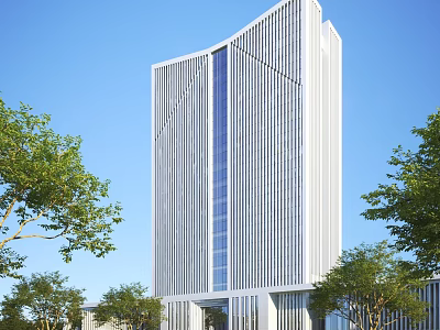 Modern High Rise Office Building With Glass Curtain Wall Surrounded by Trees and Blue Sky 3d model