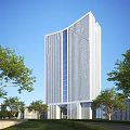 Modern High Rise Office Building With Glass Curtain Wall Surrounded by Trees and Blue Sky