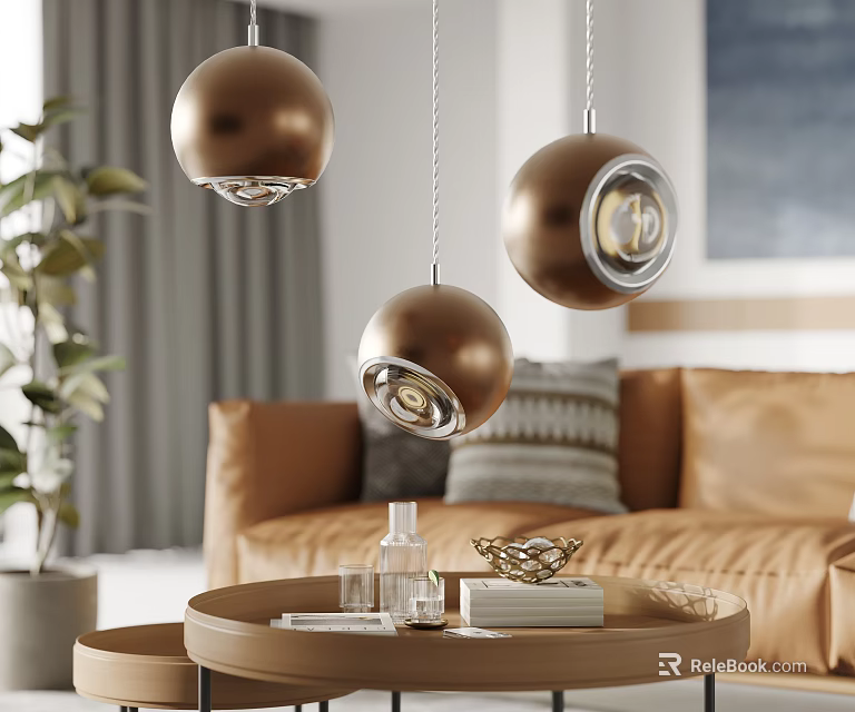 Gold Spherical Pendant Lights Hanging In Modern Living Room With Brown Sofa And Coffee Table 3d model 