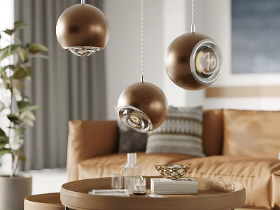 Gold Spherical Pendant Lights Hanging In Modern Living Room With Brown Sofa And Coffee Table 3d model