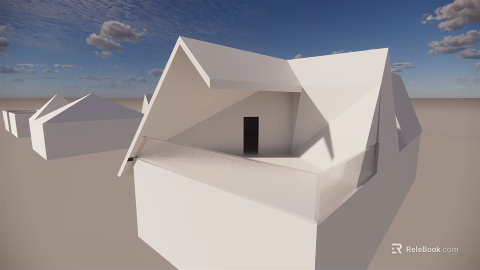 Modern White Geometric Building With Unique Roof Structure And Open Terrace Under Blue Sky 3d model 