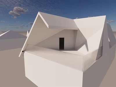 Modern White Geometric Building With Unique Roof Structure And Open Terrace Under Blue Sky 3d model