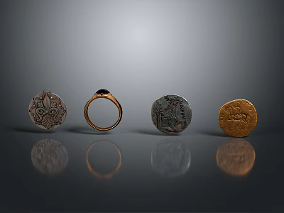 Stylish Decorative Rings With Four Different Designs On Gray Gradient Background With Reflections 3d model