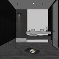 Modern Bathroom Interior With Dark Walls Marble Countertop Shower Towels And Large Mirror