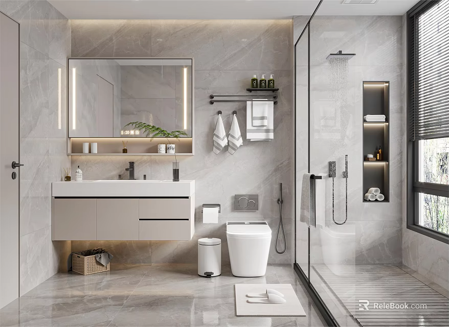 Modern Bathroom Interior With Marble Vanity Mirror Toilet And Shower Enclosure 3d model 