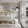Modern Bathroom Interior With Marble Vanity Mirror Toilet And Shower Enclosure