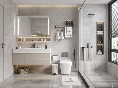 Modern Bathroom Interior With Marble Vanity Mirror Toilet And Shower Enclosure 3d model